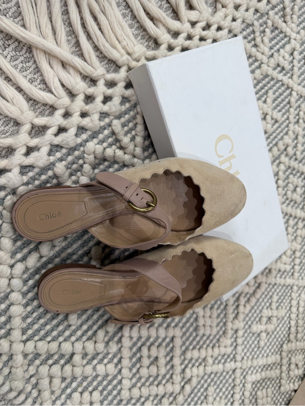 Chloe Lauren Scalloped Suede Mary Jane Flats Beige 37.5 US 7.5